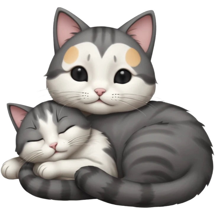 dark grey and white small cat with its eyes closed lying down leaning on its elbow with its paw curled under its head holding it up emoji