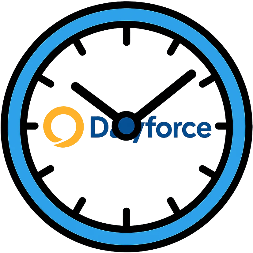 analog clock with blue accents and Dayforce logo in center emoji
