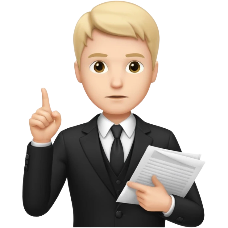 A white man in a black suit stands with a serious face and points at his hand holding papers. emoji