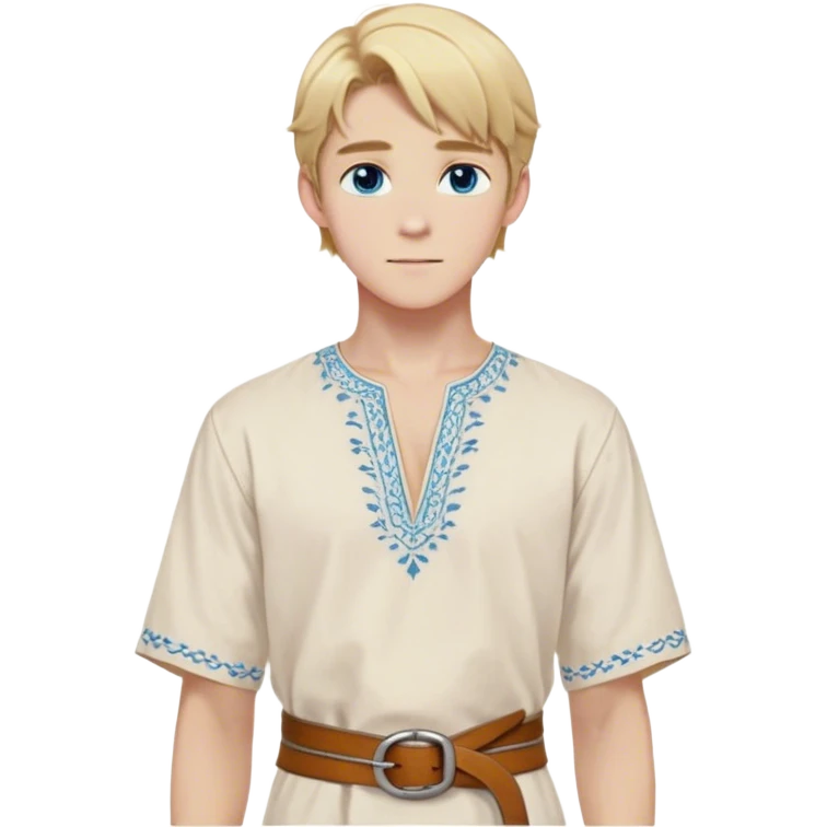Medieval summer outfit worn by a DnD themed fantasy male character. Light cotton tunic in natural cream color with short sleeves, embroidered with simple floral patterns at the hem, paired with a thin leather belt. Clothes only above the waist, full waist coverage. The character has no arms. Character is white-skinned with golden blonde hair styled in a classic page-cut that falls just above the ears, slightly longer in the back, bright blue eyes, and youthful features. emoji