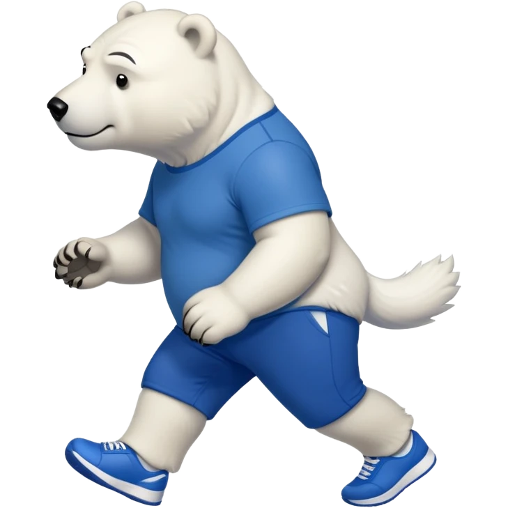 muscular friendly anthropomorphised polar bear walking confidently, wearing a royal blue t-shirt, black pants, and white trainers emoji