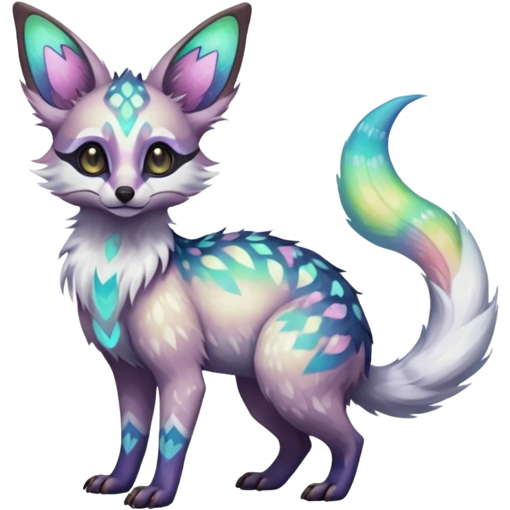 Rare realistic pretty beautiful gorgeous iridescent white exotic epic aesthetic colorful Trico-Genet-Eevee-Genet-species-Fakemon-hybrid-creature, with intricate tattoo markings, full body emoji