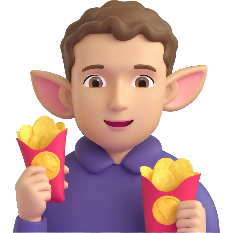 Man with short wavy hair, large ears, holding potato chips emoji