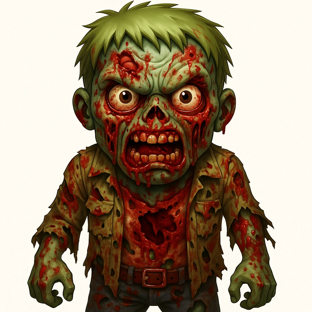 Add more gore, blood, and wounds to the angry zombie with tattered clothes emoji style. Maintain the emoji style with vivid gore, blood, and wounds details on the angry zombie wearing tattered clothes. emoji