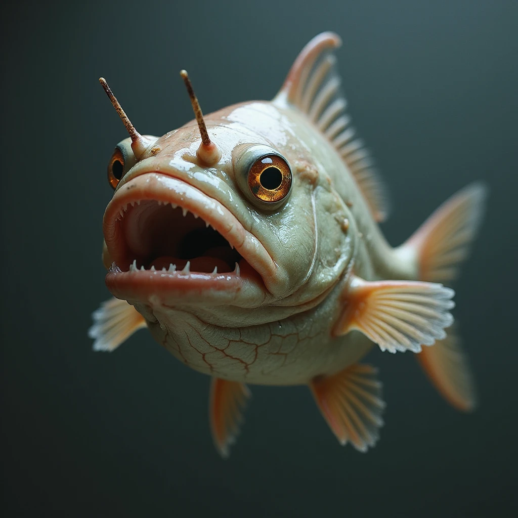 a realistic fish raising one eyebrow, photorealistic style emoji