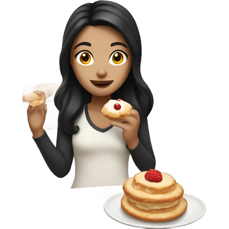 white girl with black hair eating pastry emoji