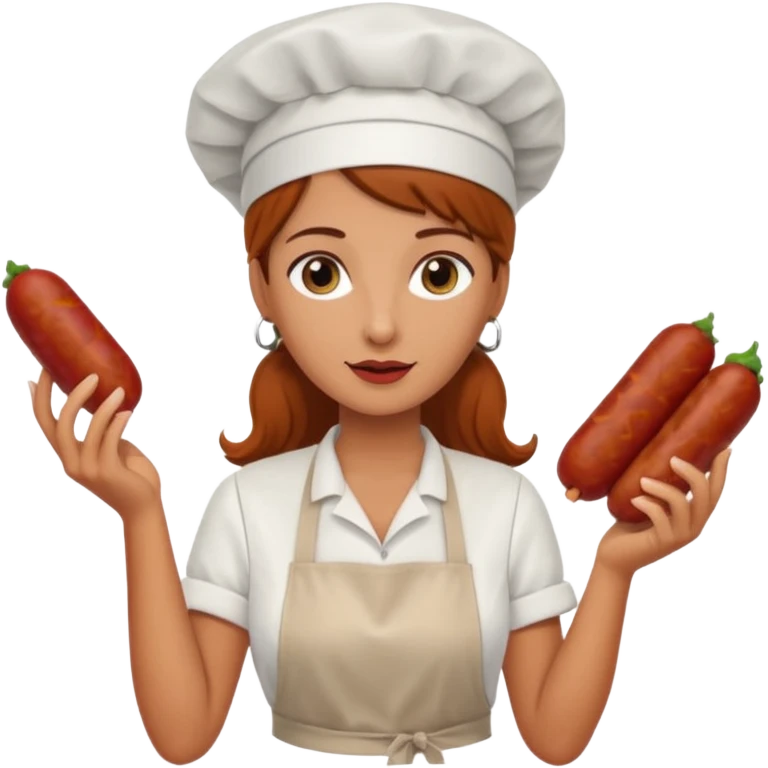 Charcuteraa con un chorizo y embutido en la mano con una redecilla en el pelo y delantal blanco emoji