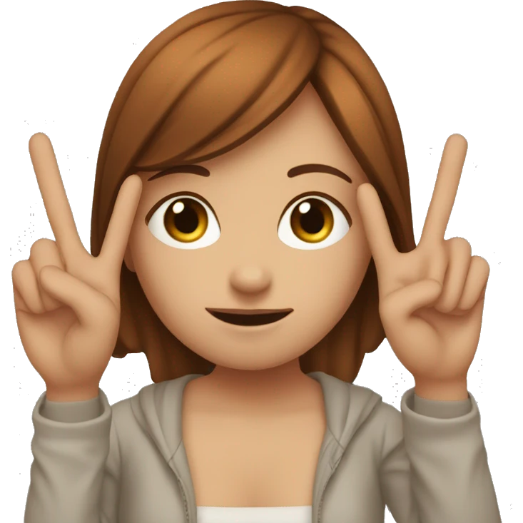 Redish-brown haired girl making the peace sign in front of her face emoji