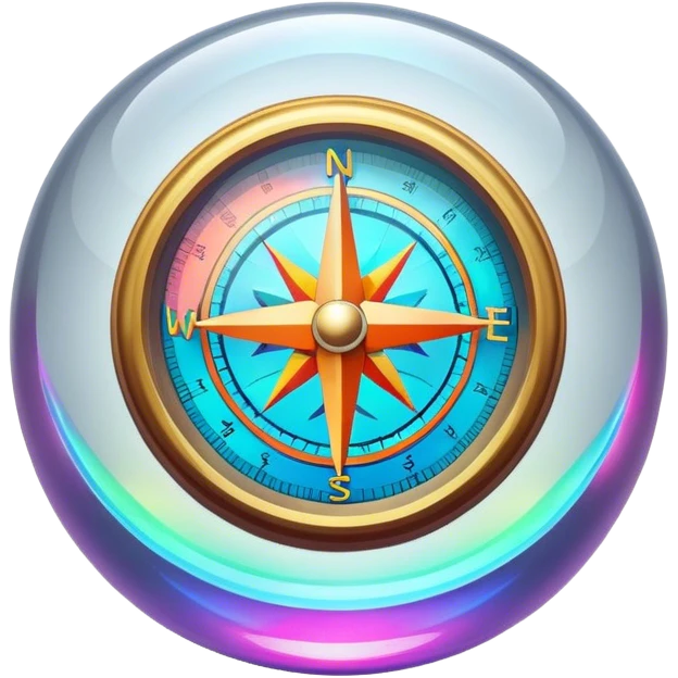 A glowing holographic compass with vibrant neon colors, inside a crystal-clear floating sphere emoji