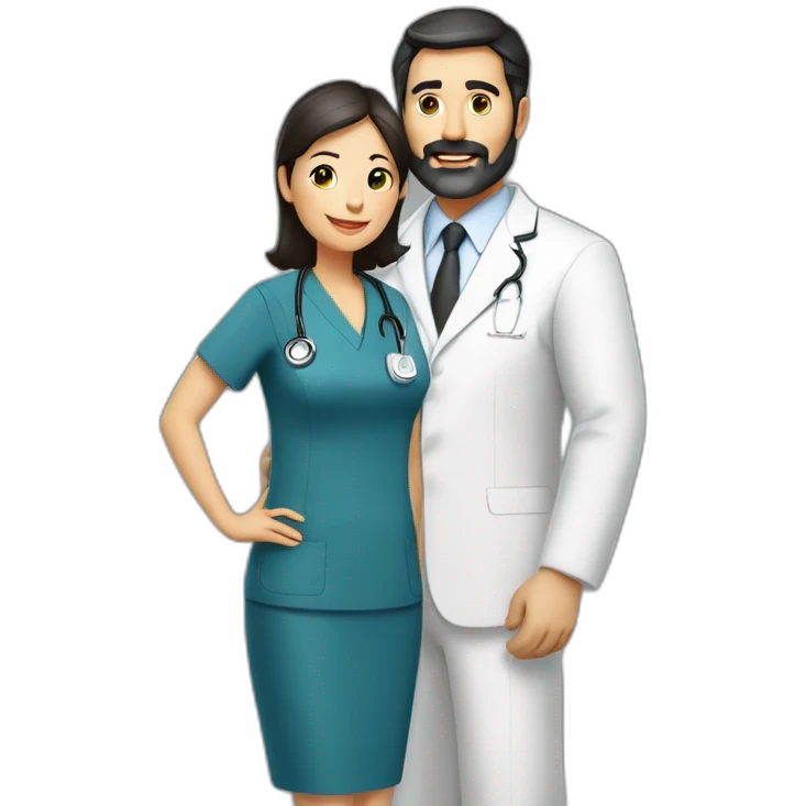 husband classic middle aged executive dark hair thin beard wearing business suit holding bible, with wife asian age 55 dark hair wearing nurse uniform emoji