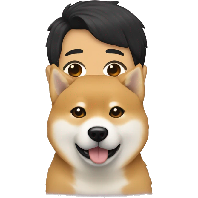 Shiba-inu cuddles man with curly black hair withou beard emoji