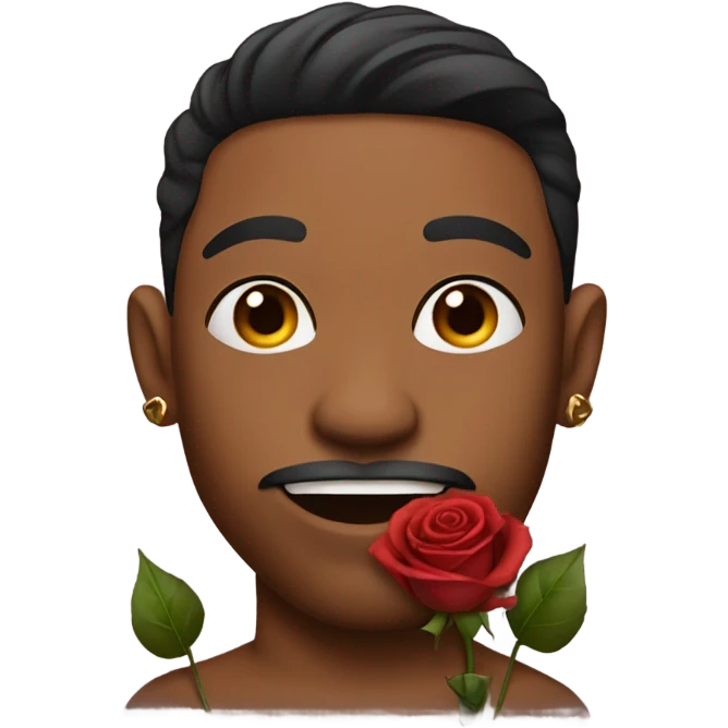 Brown-skinned male with tattoos, holding a rose in his mouth emoji