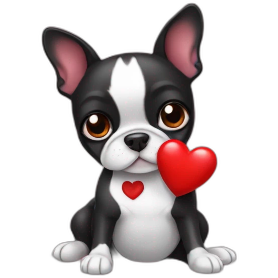 A Boston terrier hugging a red heart emoji