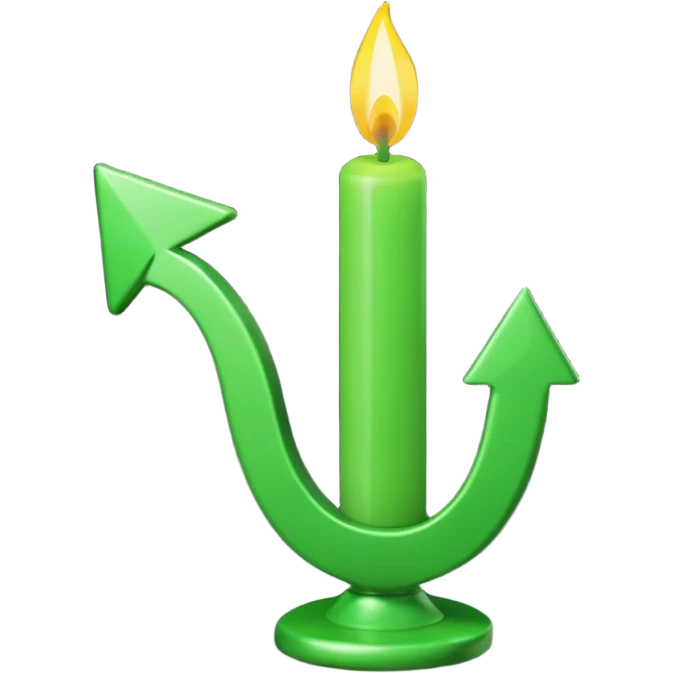 iOS-style 3D emoji: rising green candlestick chart with an upward-pointing arrow emoji