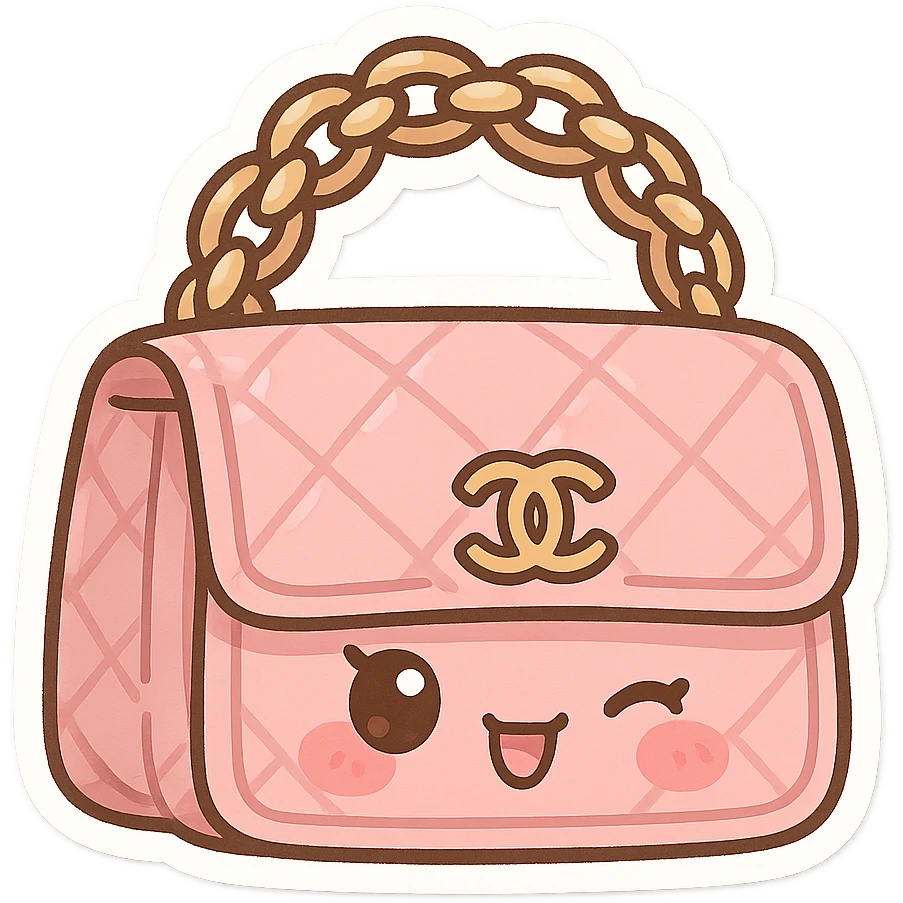 pink Chanel purse with a winking face, cute and exaggerated chibi stickers style emoji