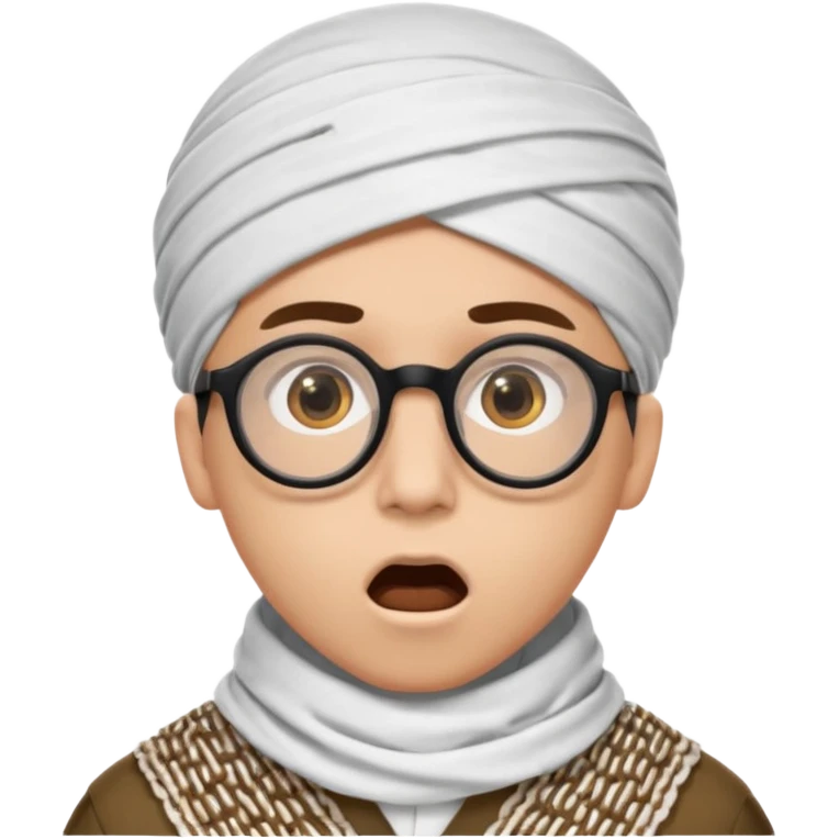 A person with light skin tone, wearing a traditional white shemagh with a BALCK AGAL, large brown eyes, round glasses, and an open mouth showing a surprised or shocked expression. emoji