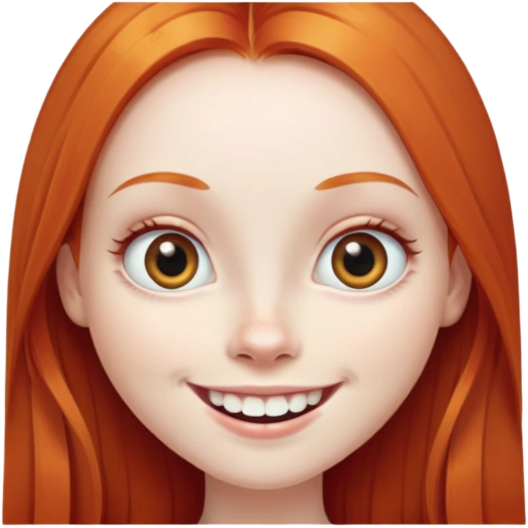traditional emoji of young girl with very pale skin, long straight bright ginger red hair, very big wide human eyes positioned close together, wide nose, big smile with extremely large prominent teeth showing, classic round face emoji