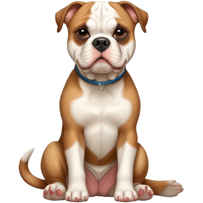 cinematic-[american bulldog]-realistic-full-body-sitting-emoji,-tail-resting-loosely-beside-its-paws,-head-tilted-dramatically,-sleek-[brown fawn]-fur,-simplified-yet-realistic-focused-features,-highly-detailed,-glowing-with-an-almost-sarcastic-glow emoji