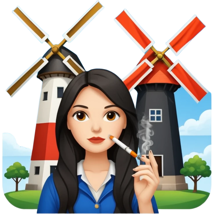 Windmill with on top ot the building a dutch flag and a white girl with dark long hair smoking a joint emoji
