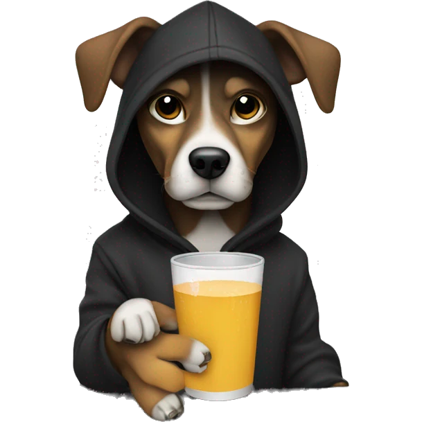 Dog wearing a black hoodie holding a cup and a tequila bottle emoji