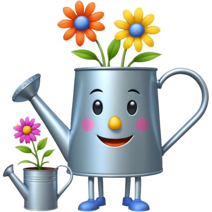 give me a watering can with legs. anthropomorphise the can. have the can watering 3 plants on the grown (flowers) emoji