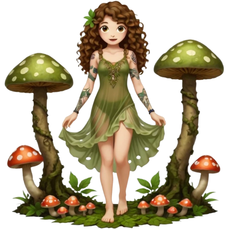 full body view of a woman with long curly brown hair, brown eyes, white skin, tattoos, wearing a sheer moss and leaf dress, standing barefoot on glowing mushrooms, confident pose, slight smirk emoji