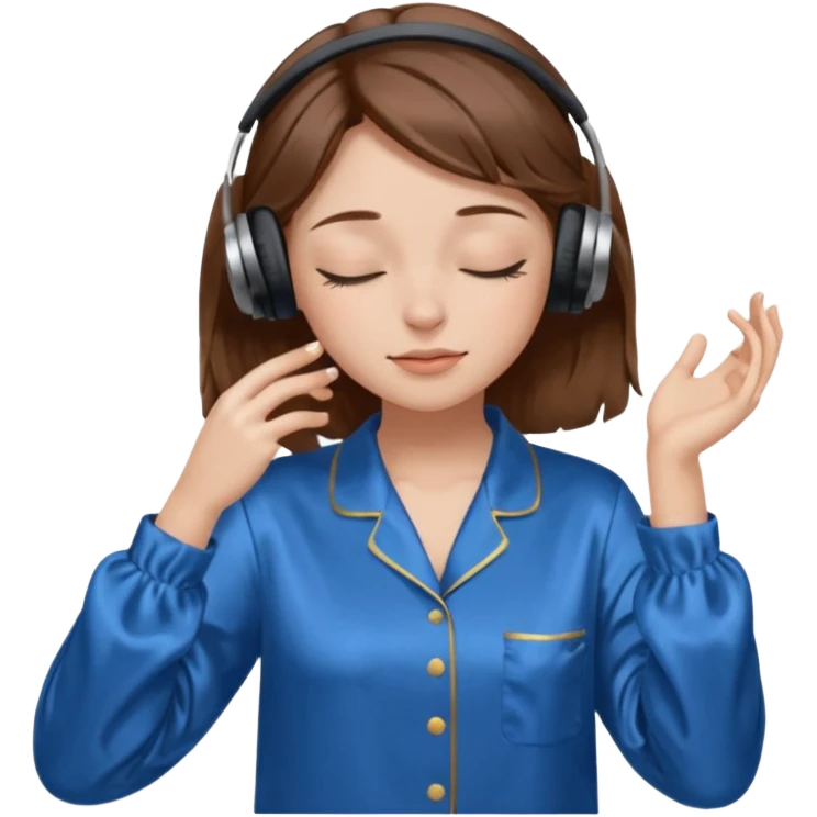 chica con pelo castaño ojos cerrados escuchando musica en pijama azul modo clean girl emoji