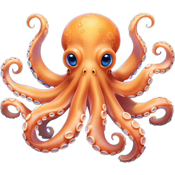 Cinematic Noble smiling Octopus Portrait Emoji, Poised and enchanting, with a light orange body adorned with vibrant blue rings and eight delightfully curling arms with gentle suckers, large sparkling eyes exuding warmth and playfulness, Simplified yet charmingly expressive features, highly detailed, glowing with a soft, magical underwater radiance, high shine, intelligent and irresistibly cute, stylized with an air of whimsical marine enchantment, focused and fluid, soft glowing outline, capturing the essence of a watchful and endearing octopus that appears ready to float out of the screen with delightful charm! emoji
