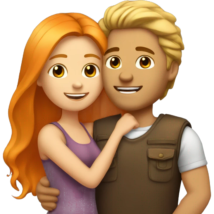 couple hug with warm smiles. The Girl have Brown Long hair und the man blond/orange hair emoji