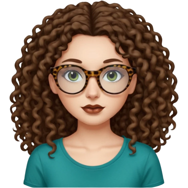 a blue green eyed woman with very very long brunette curly hair, full lips,and pale skin. She is wearing a leopard printed thin round-ish glasses . She is wearing a brown tshirt with a wide neck opening. emoji