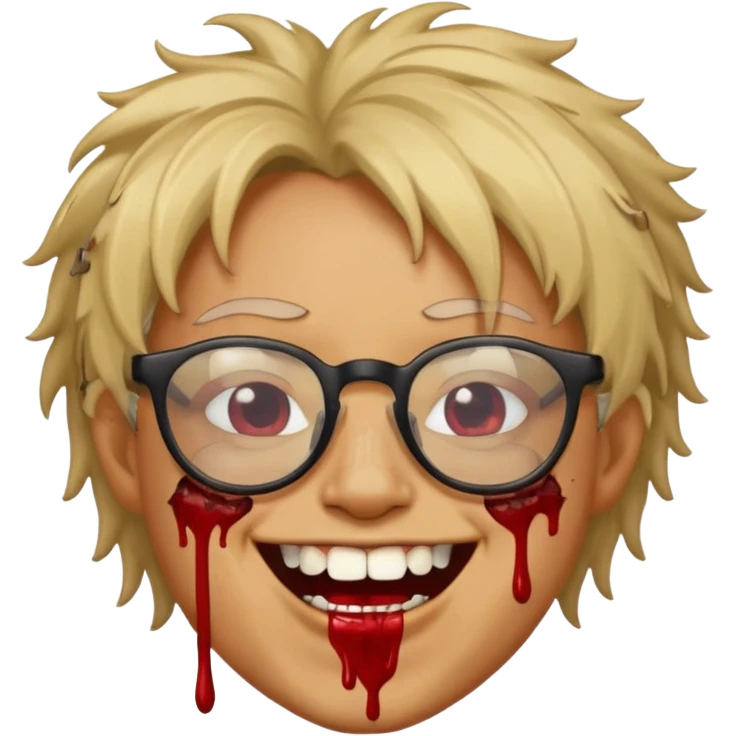 Cabelo bagunçado com oculos sorrindo com metade do rosto com dente de ouro e saindo sangue da boca  emoji