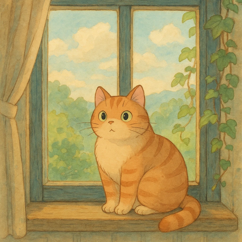ghibli style cat sitting on a windowsill, detailed, soft colors, whimsical atmosphere emoji