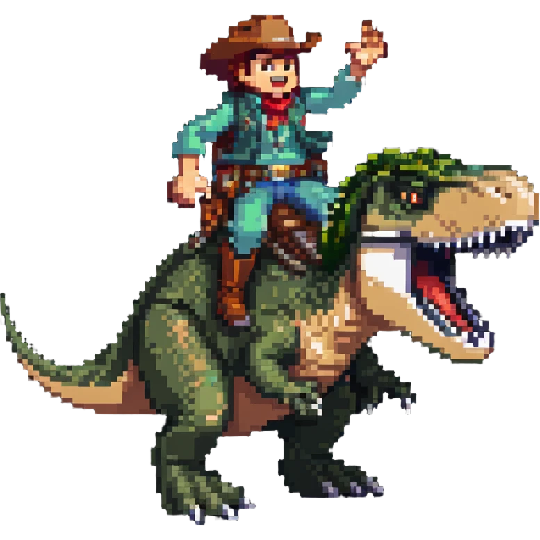 cowboy sliding down the back of a t-rex, dynamic action pose emoji