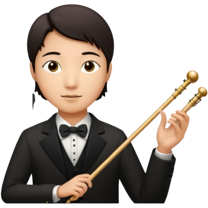 asian Create a sophisticated and elegant emoji that represents orchestration and arrangement. The design should feature a conductor’s baton, musical notes, and a symphonic score, symbolizing the process of arranging and orchestrating music. Incorporate instruments like a violin, trumpet, emoji