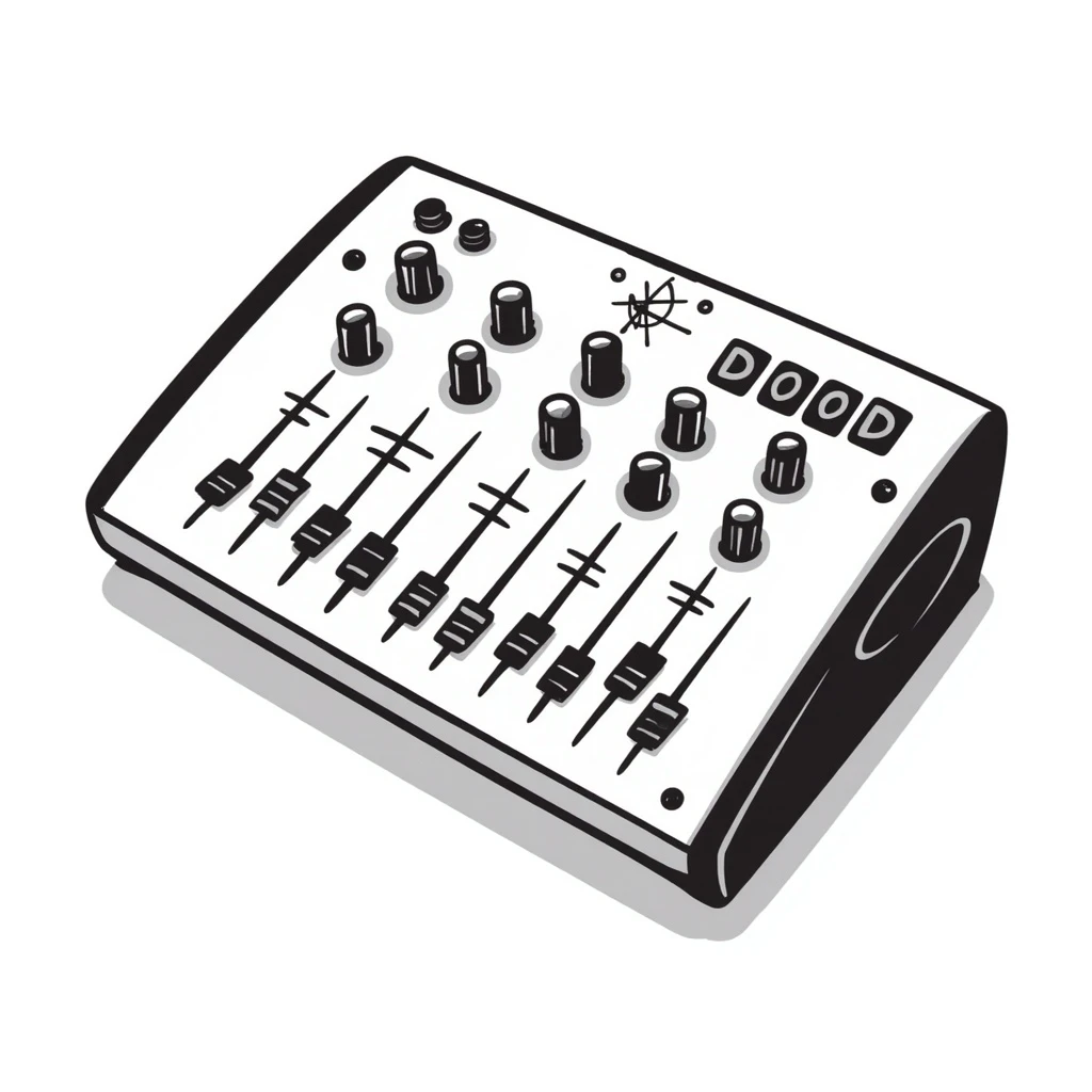 a studio mixing console, hand-drawn doodle style, playful and sketchy emoji
