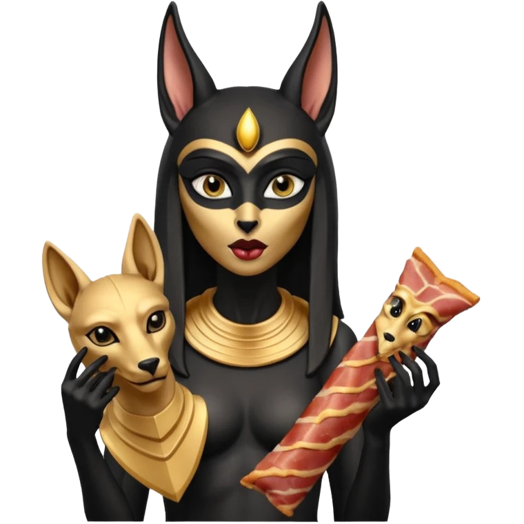  mean Short-eared Black fur beautiful female alien anubis statue posed biting on bacon packaging  emoji