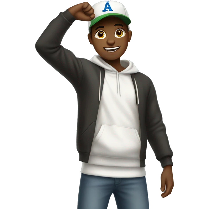 Black teenager wearing baseball cap with hoodie and arms up emoji