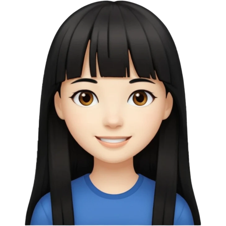 Girl with fair skintone, long straight black hair with bangs, and dark brown eyes, smiling, emoji