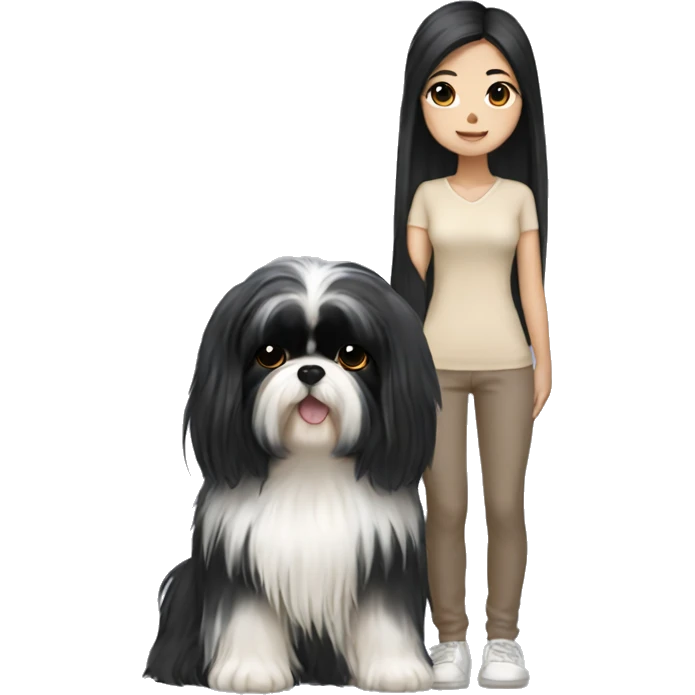 long black hair korean girl with beige and black shih tzu yorkie  emoji