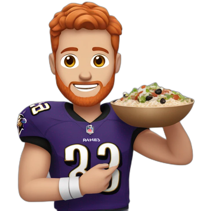 a red haired young man in a ravens jersey eating a chipotle burrito bowl emoji