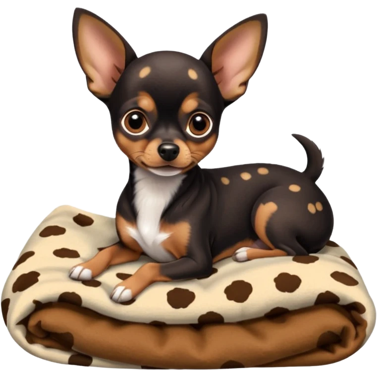 Min-Pin Chihuahua curled up on a soft blanket, small and alert emoji