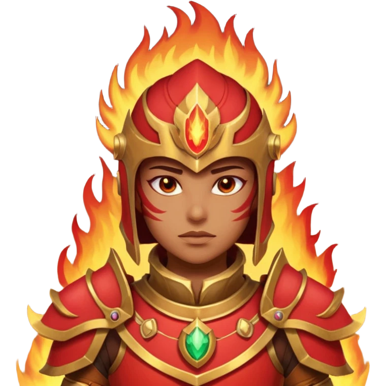 desert fire warrior portrait, head and shoulders only, red-gold armor collar, glowing fire accents, powerful gaze, fantasy desert vibe, 3D cartoon, mobile game icon style, clean background, no text, no watermark
 emoji