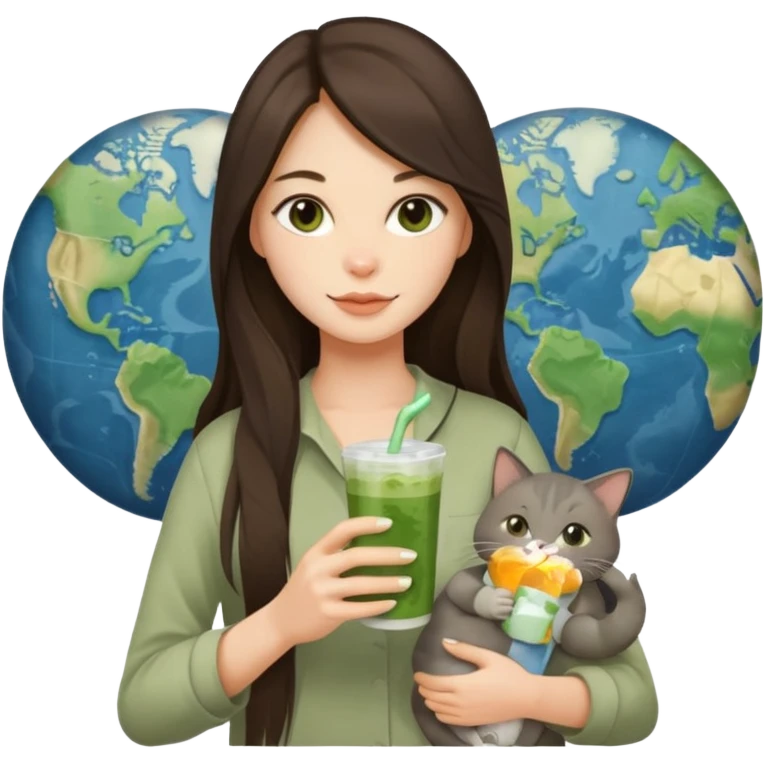 a brunette woman with long hair in here 30S drinking an iced matcha, carrying a grey cat and a map of the world emoji