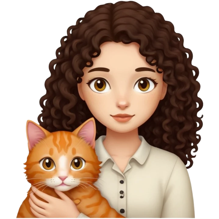 girl with long black curly hair holding a ginger cat emoji