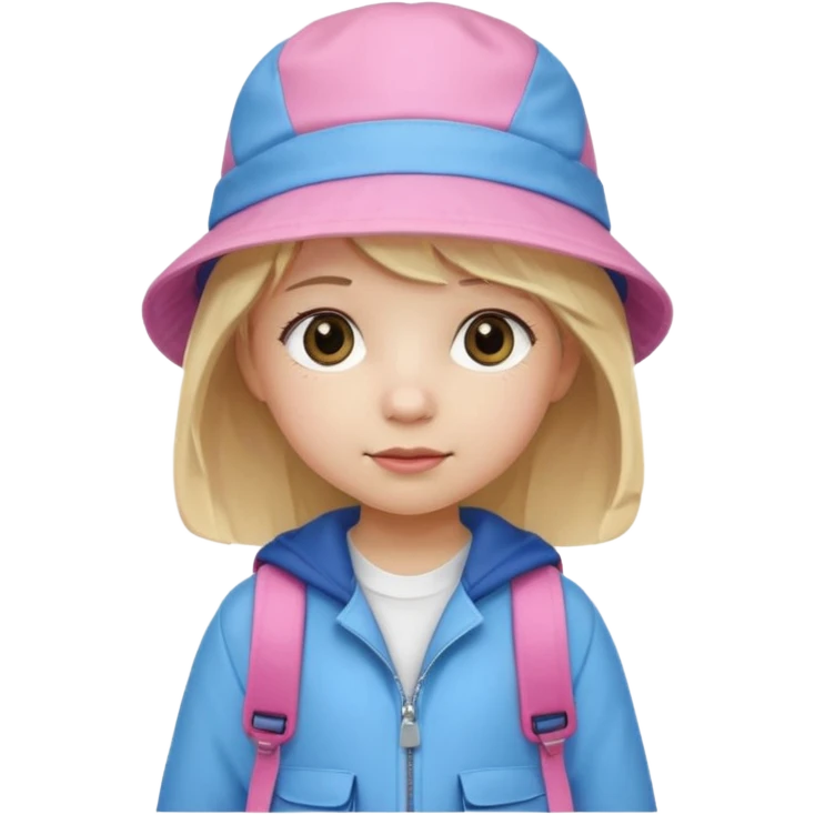 A little girl student white skin, blonde hair, with pink bucket hat, white jacket, blue backpack emoji