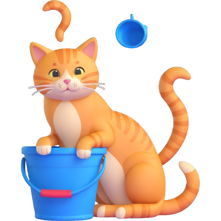 orange tabby cat sitting with a blue bucket stuck on its head, tail curled emoji