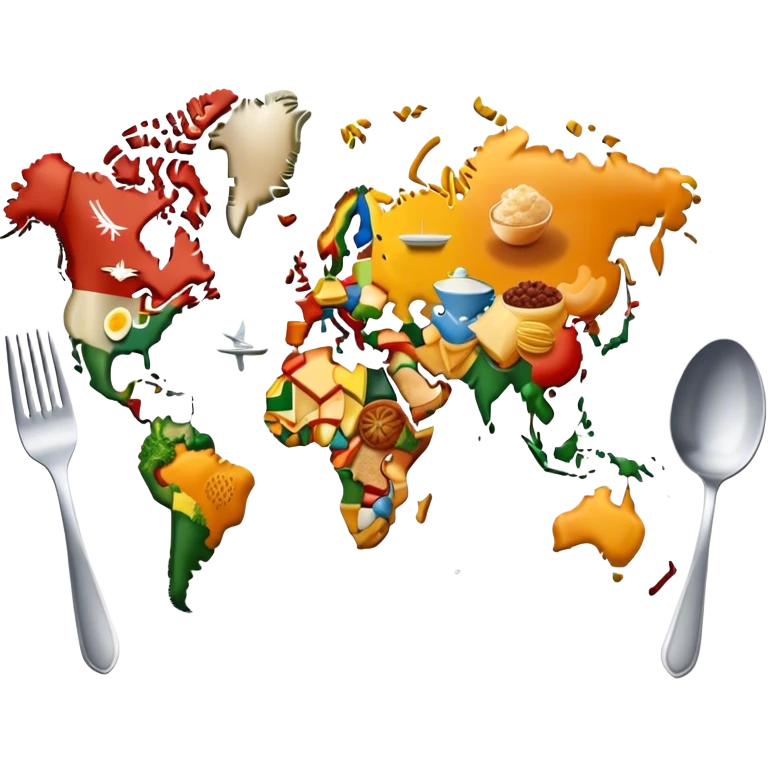 Icon for Culinary Tourism: a world map with food elements like a fork, knife, and dish, surrounded by iconic dishes from various countries. The icon should represent the exploration of global cuisines and travel experiences. Transparent background. emoji