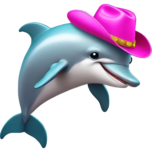 Dolphin with pink cowboy hat and super happy face, with a horse tail emoji