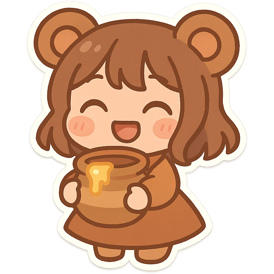 bear girl with round ears and a honey pot, smiling, chibi stickers style emoji