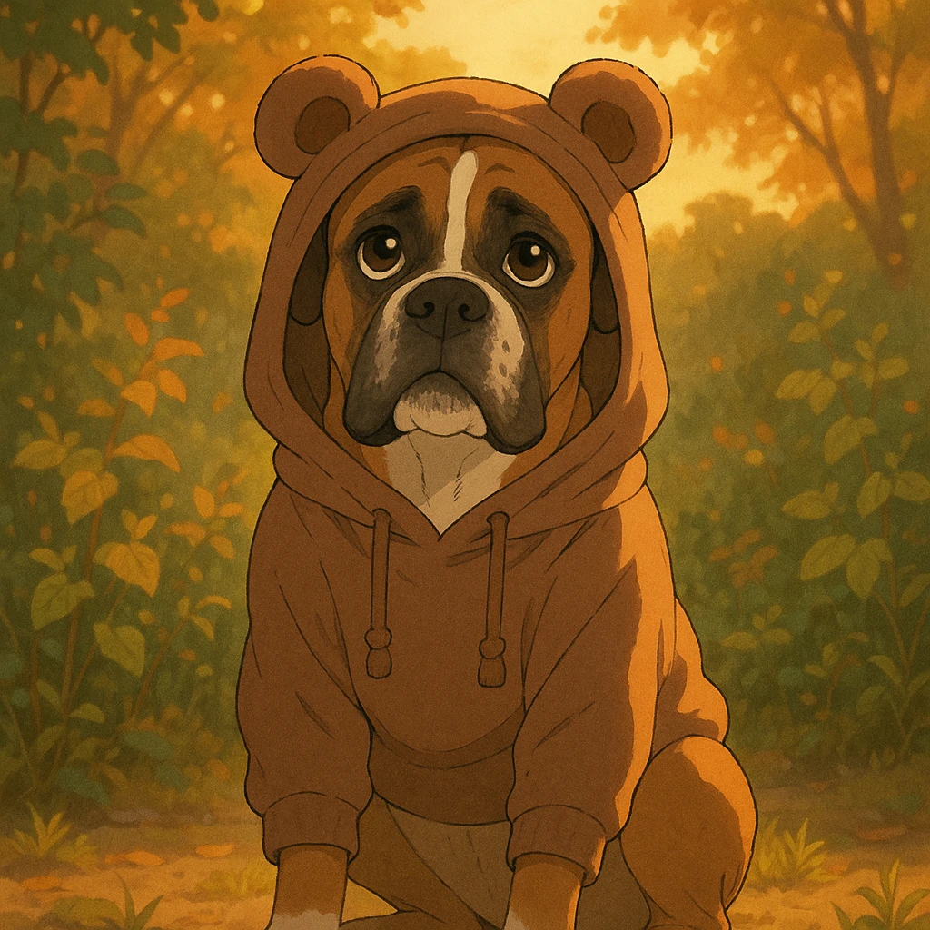 perro bóxer sentado, mirada tierna, buzo con capucha de orejas de osito marrón, iluminación golden hour, entorno natural con follaje, ghibli style emoji